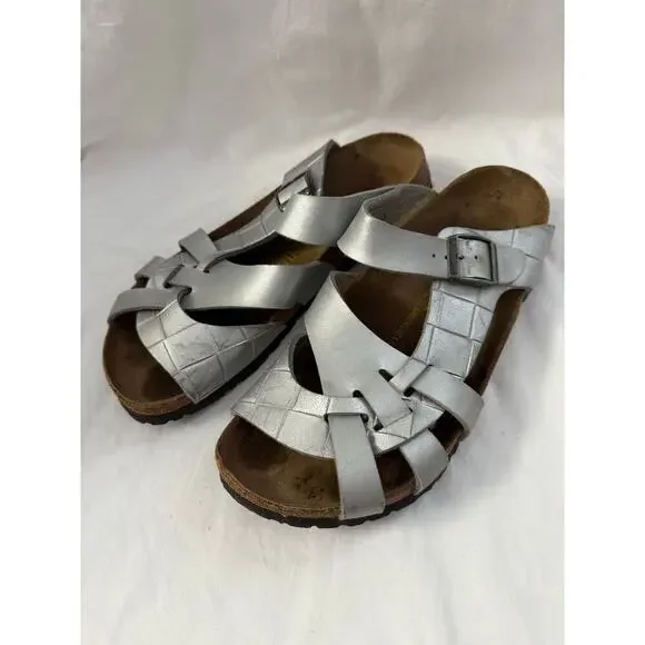 Birkenstock Papillio Pisa Silver Woven Slide On Sandals Sz 40/9 GS - Picture 3 of 7